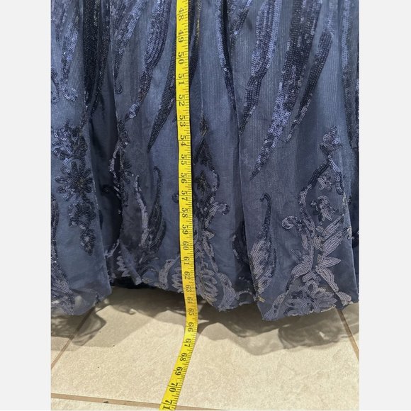 NWT $598 Mac Duggal [ 18 ] Damask Sequin Long‎ Sleeve Gown in Midnight Blue - Picture 7 of 16